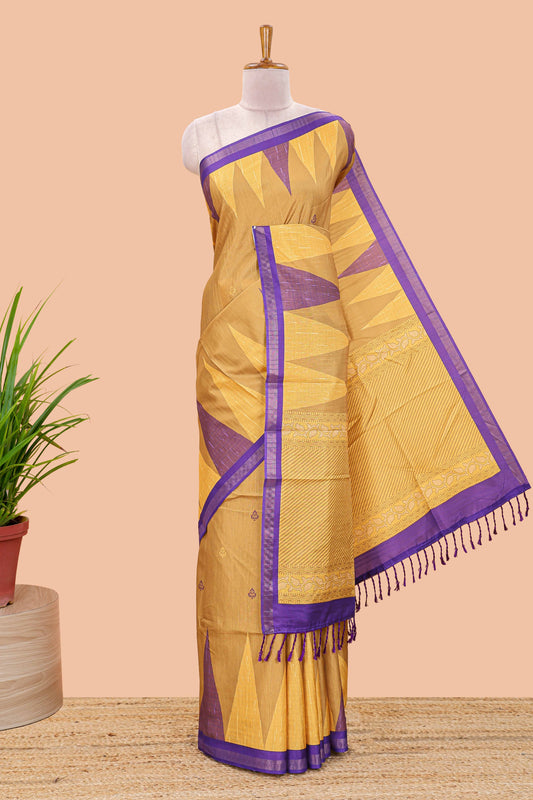 Orange semi tussar silk saree with all over paisley butta, geometric ikkat pattern and zari border