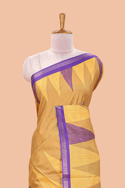 Orange semi tussar silk saree with all over paisley butta, geometric ikkat pattern and zari border