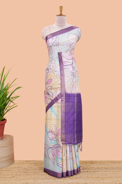 Multi color tussar silk saree with all over floral sketch design, contrast zari border and stripes pallu
