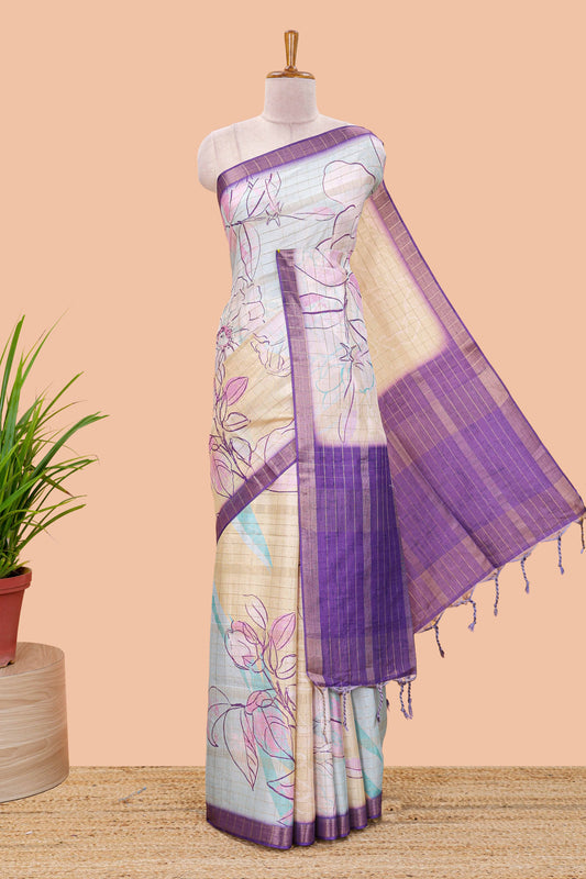 Multi color tussar silk saree with all over floral sketch design, contrast zari border and stripes pallu