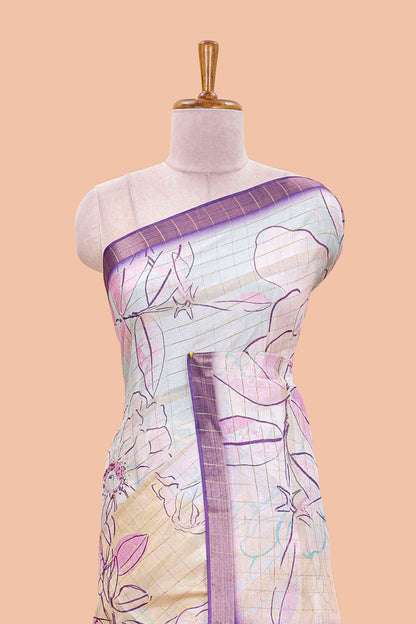 Multi color tussar silk saree with all over floral sketch design, contrast zari border and stripes pallu