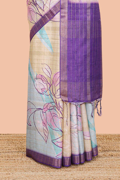Multi color tussar silk saree with all over floral sketch design, contrast zari border and stripes pallu