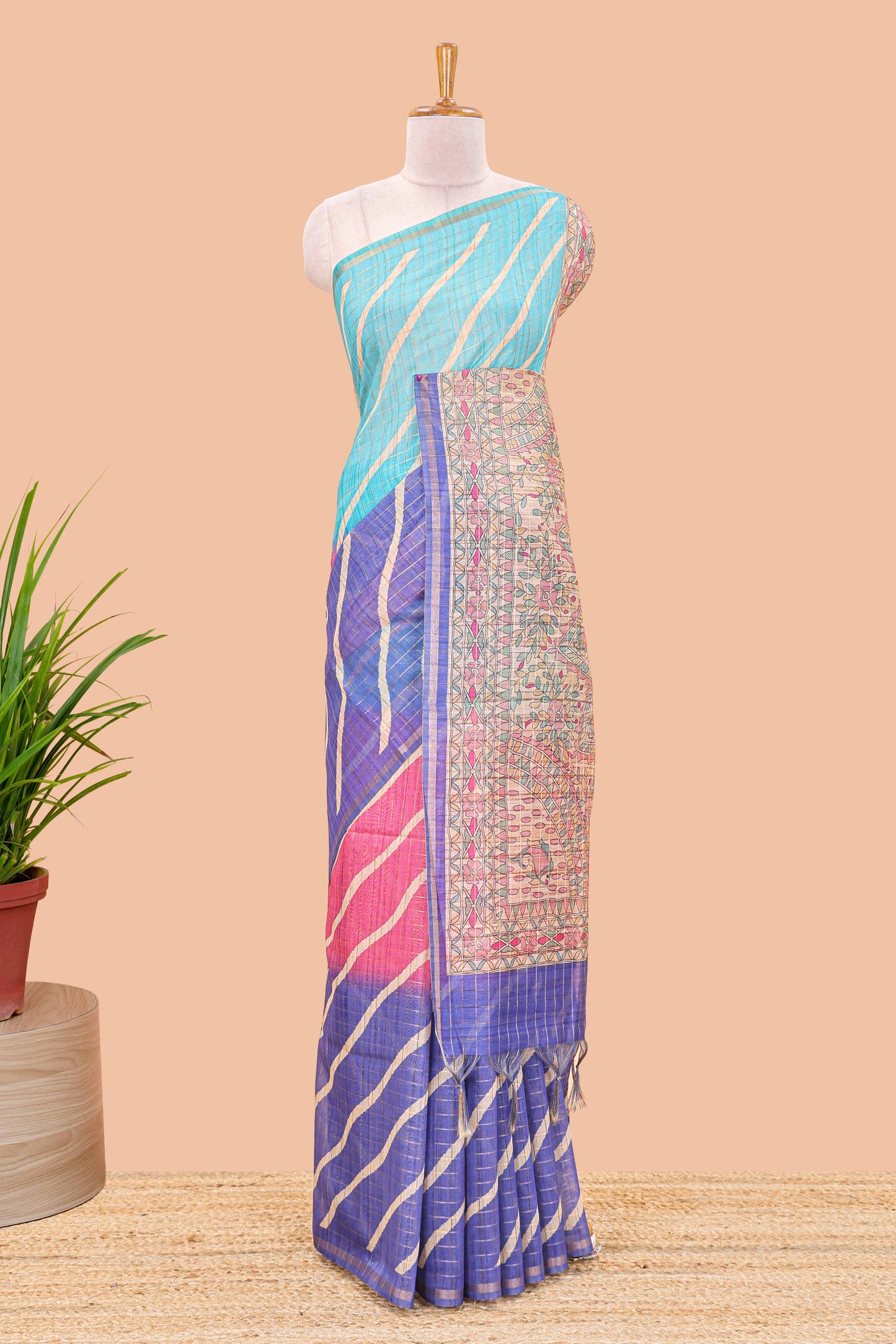 Multicolor chanderi cotton leheriya print saree with madhubani pallu