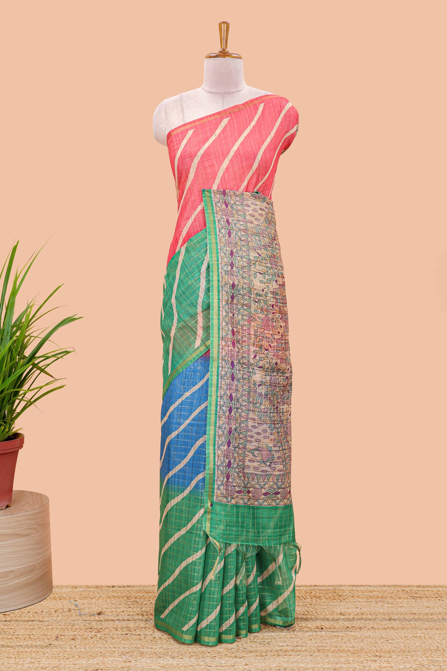 Multicolor chanderi cotton leheriya print saree with madhubani pallu