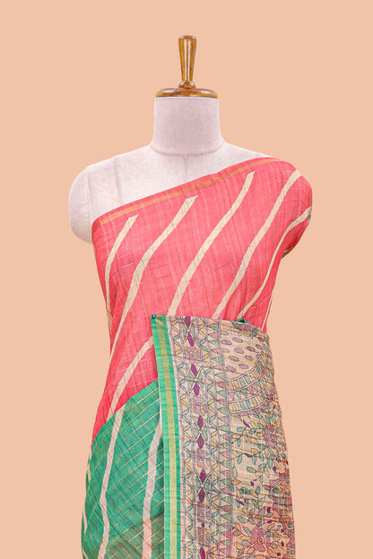 Multicolor chanderi cotton leheriya print saree with madhubani pallu