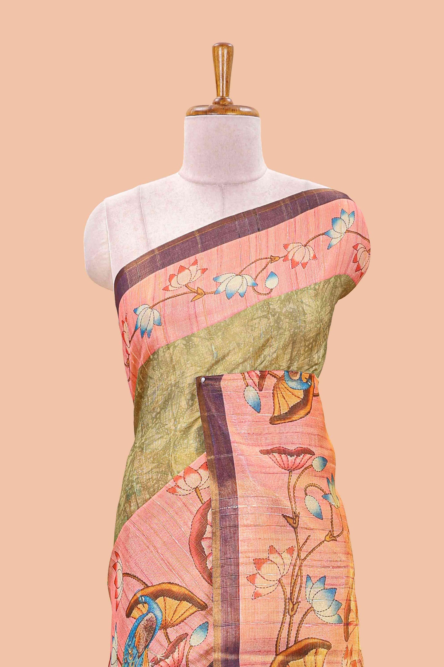 Green tissue tussar saree with lotus jaal pallu and scattered lotus motif blouse