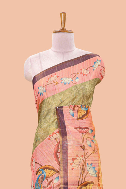 Green tissue tussar saree with lotus jaal pallu and scattered lotus motif blouse