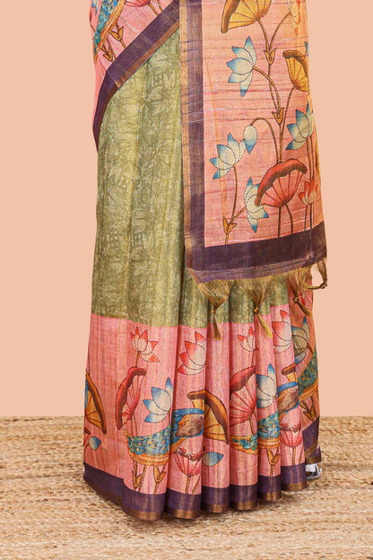 Green tissue tussar saree with lotus jaal pallu and scattered lotus motif blouse