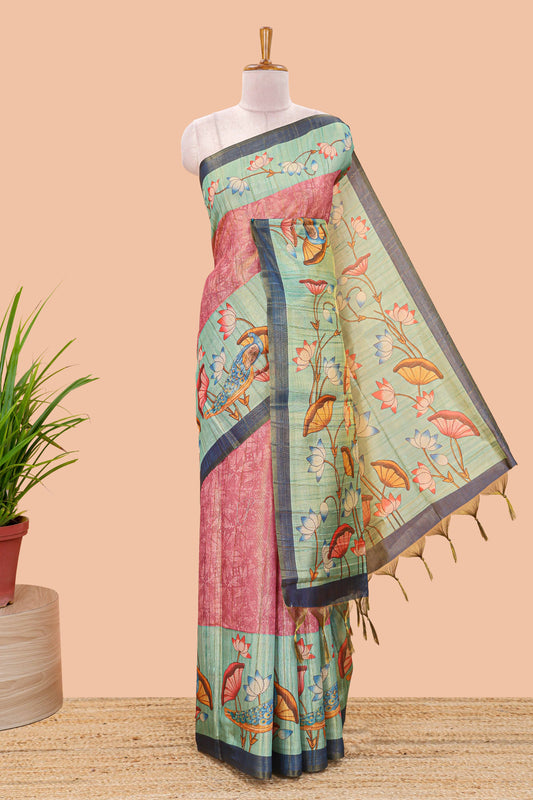 Pink tissue tussar saree with lotus jaal pallu and scattered lotus motif blouse