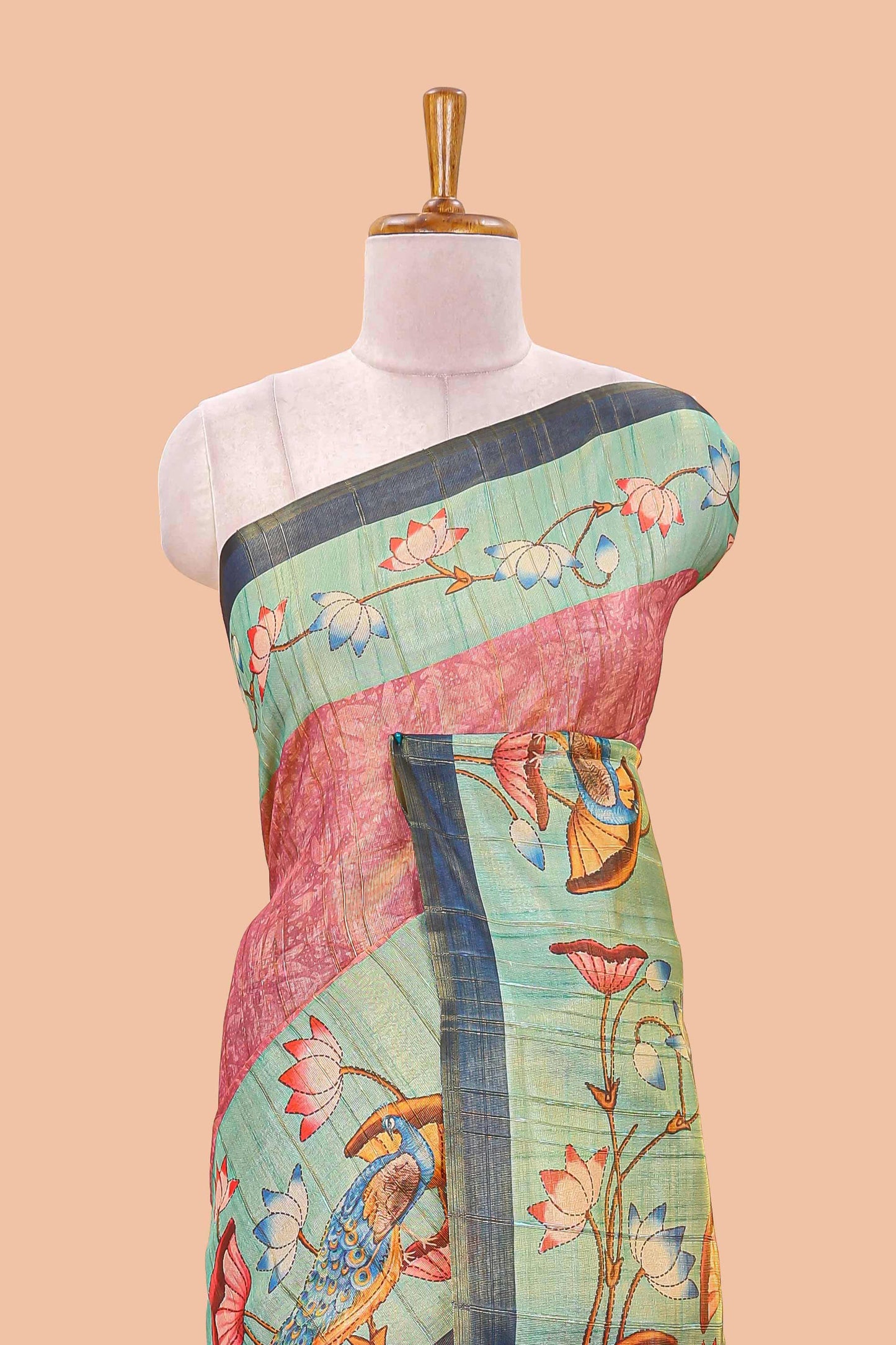 Pink tissue tussar saree with lotus jaal pallu and scattered lotus motif blouse