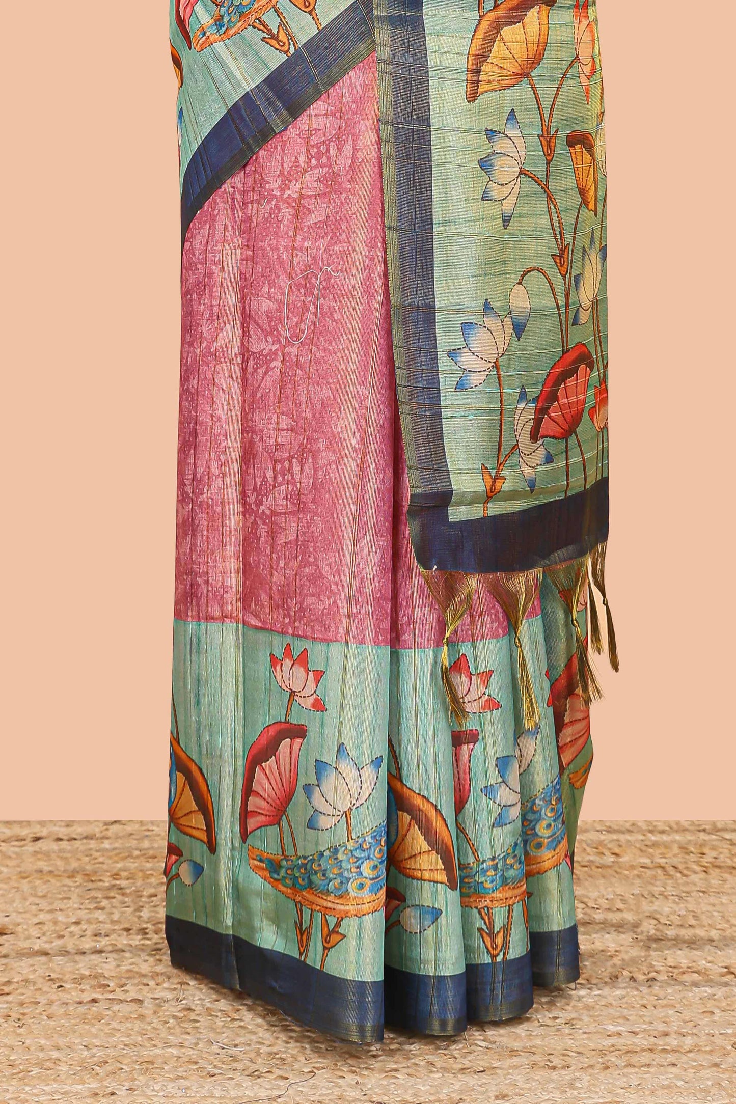 Pink tissue tussar saree with lotus jaal pallu and scattered lotus motif blouse