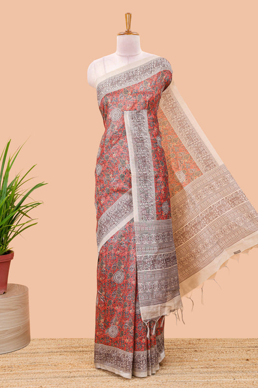 Orange chanderi Cotton Saree with Mughal Paisley Print and Medallion Pallu