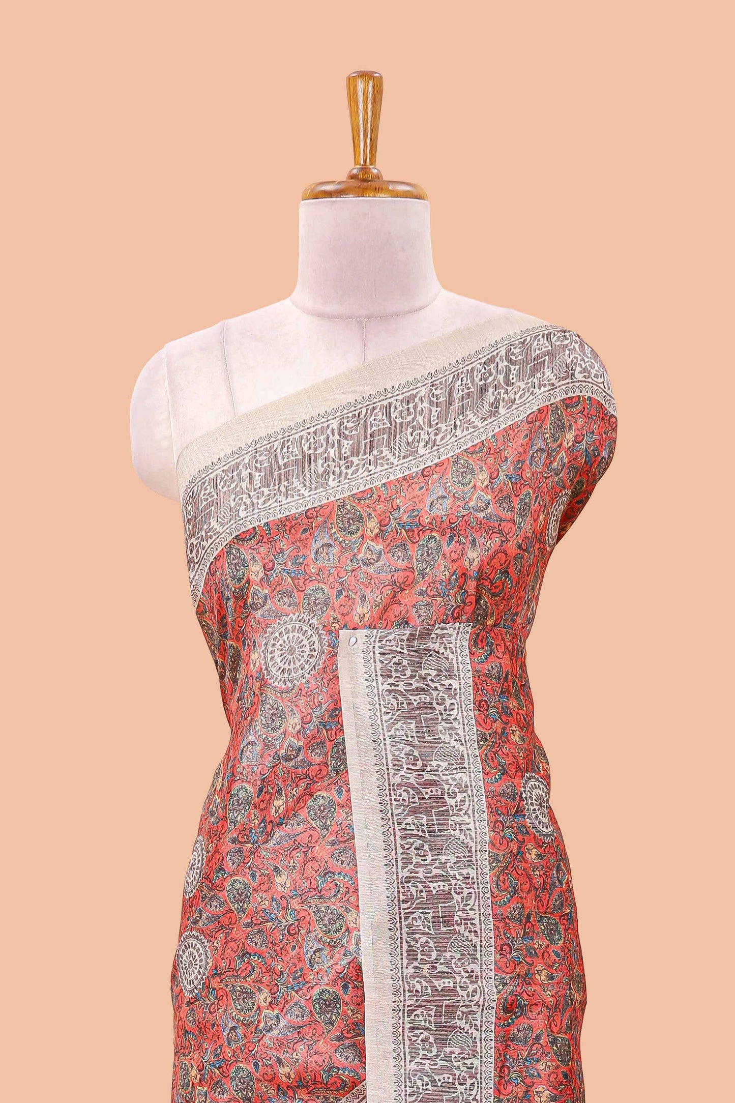 Orange chanderi Cotton Saree with Mughal Paisley Print and Medallion Pallu