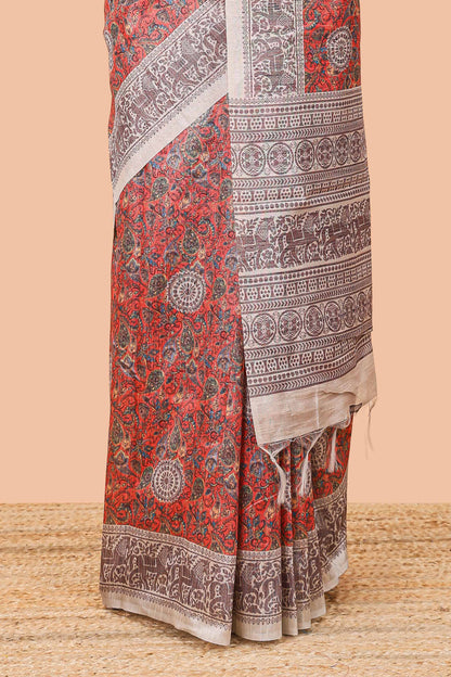 Orange chanderi Cotton Saree with Mughal Paisley Print and Medallion Pallu