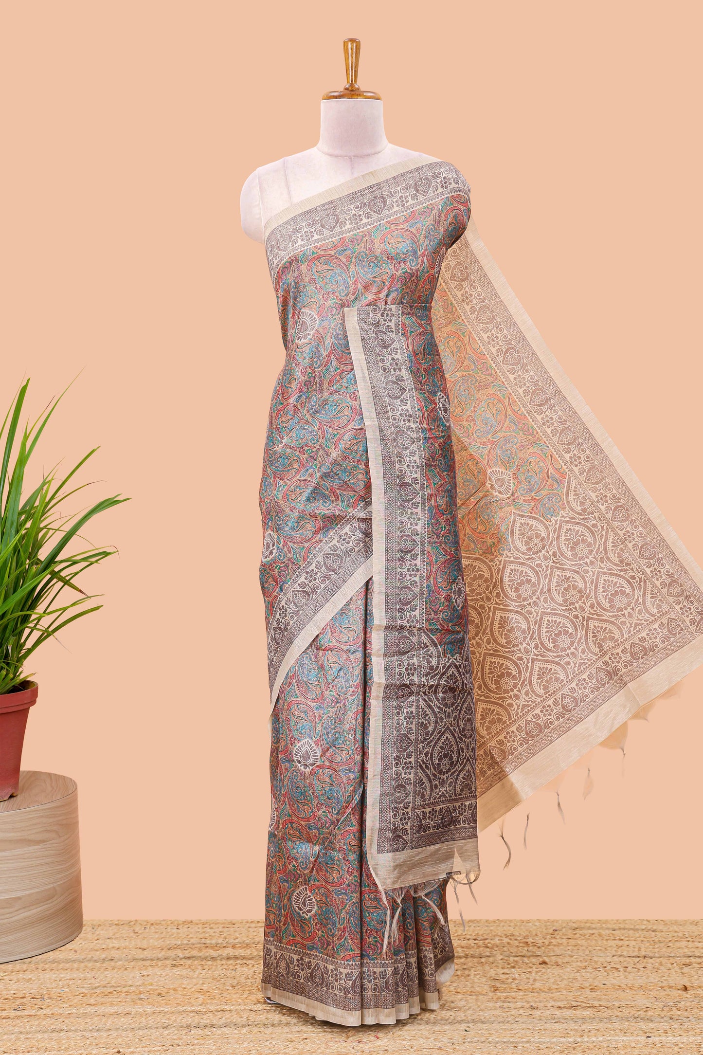 Multi color chanderi Cotton Saree with Mughal Paisley Print and Medallion Pallu