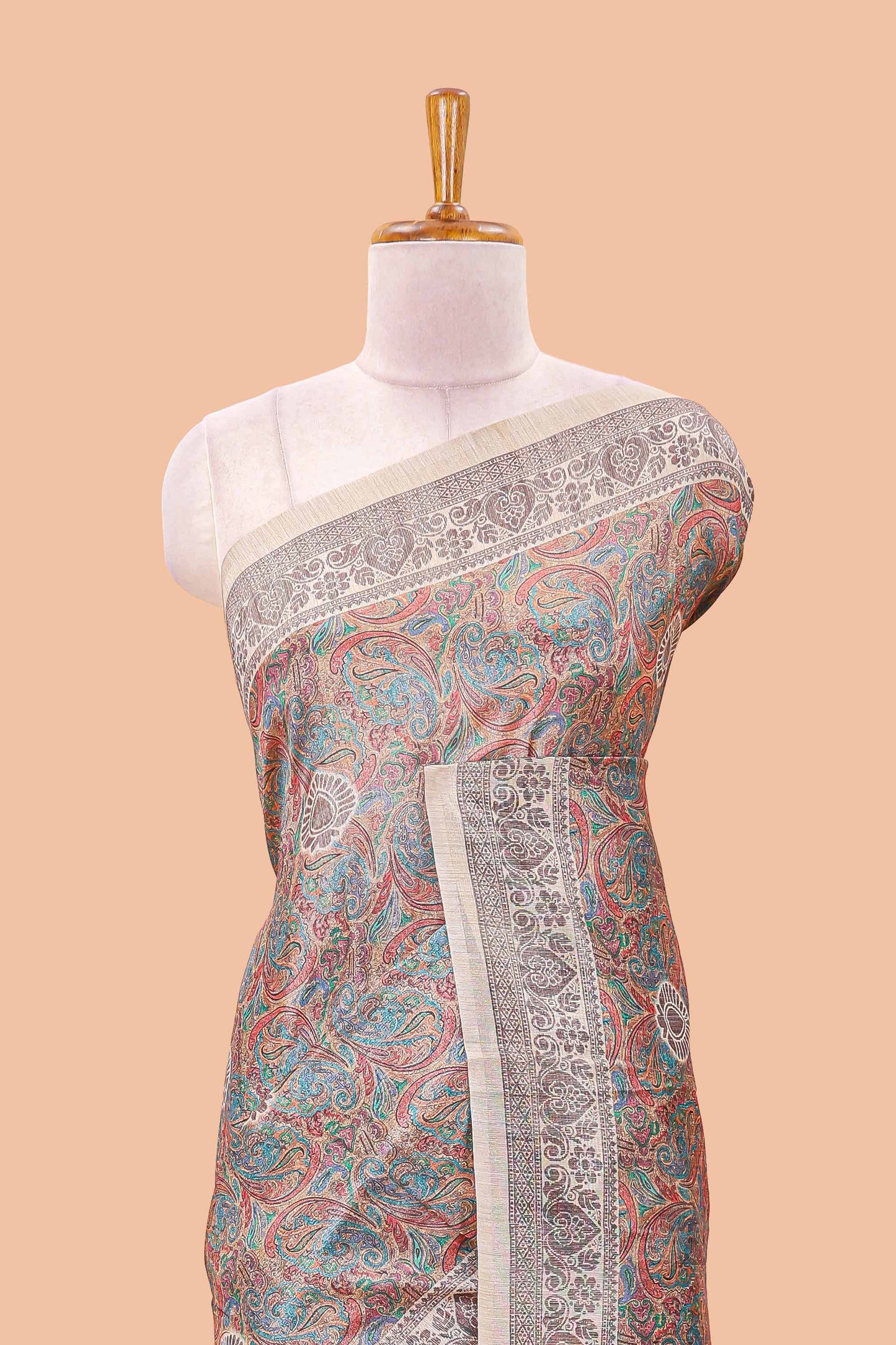 Multi color chanderi Cotton Saree with Mughal Paisley Print and Medallion Pallu