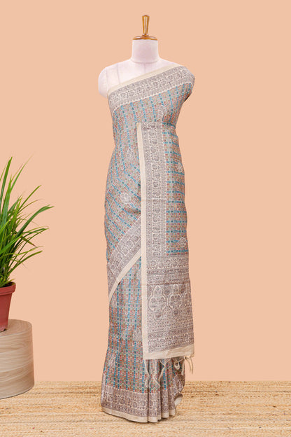 Multi color chanderi cotton saree featuring geometric jaal design and floral vine border