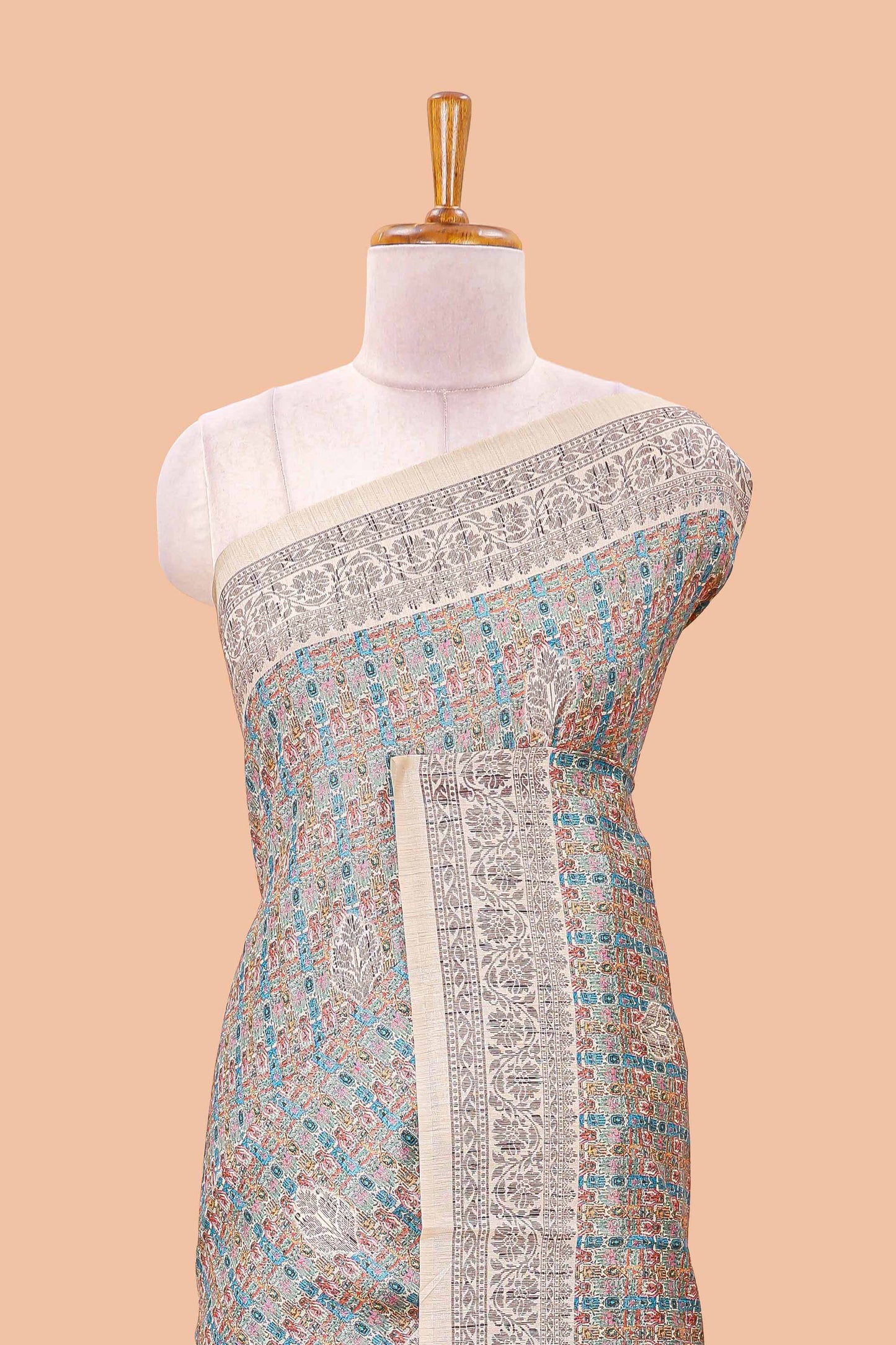 Multi color chanderi cotton saree featuring geometric jaal design and floral vine border