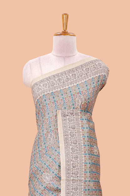 Multi color chanderi cotton saree featuring geometric jaal design and floral vine border