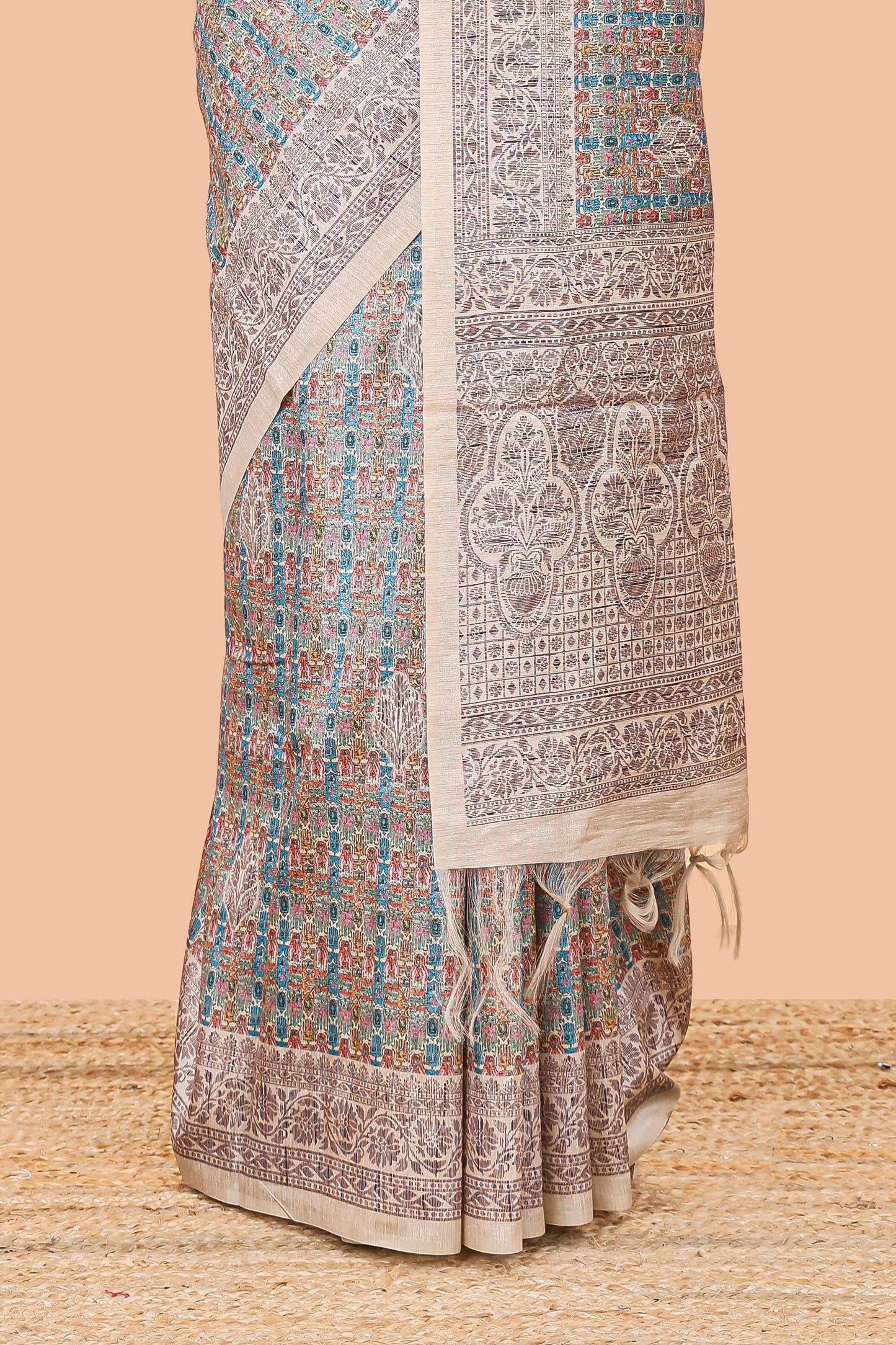 Multi color chanderi cotton saree featuring geometric jaal design and floral vine border