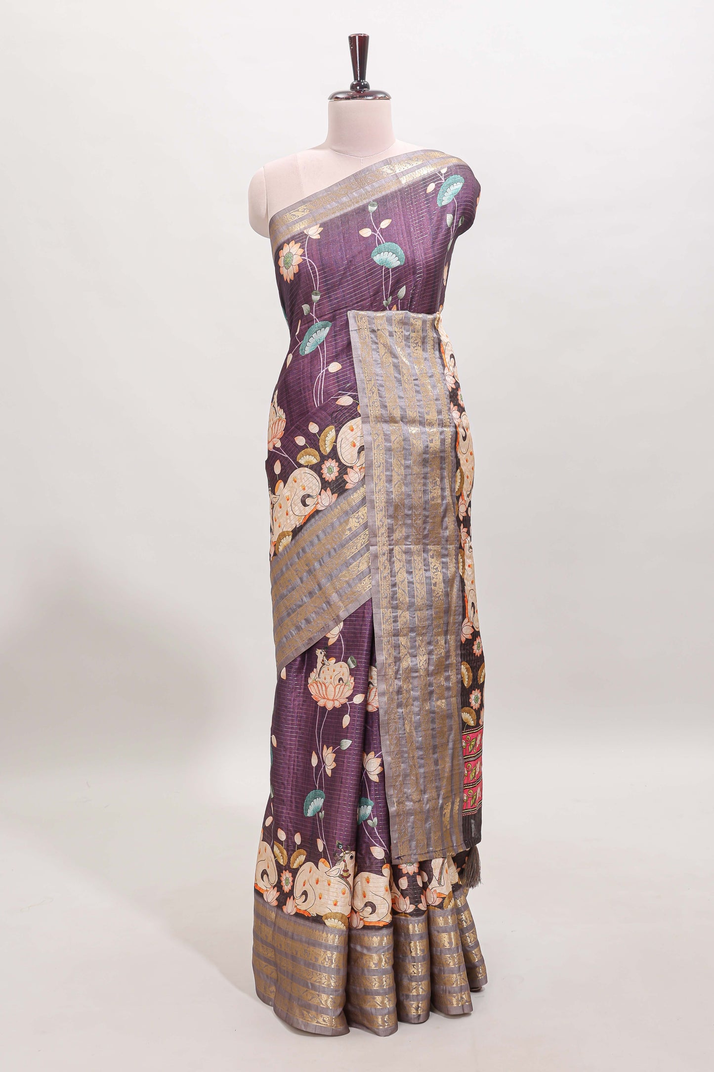 Purple striped pichwai motifs dola silk saree with contrast zari border and blouse