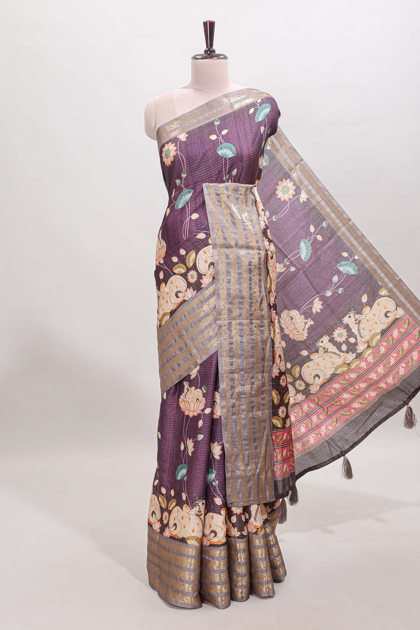 Purple striped pichwai motifs dola silk saree with contrast zari border and blouse