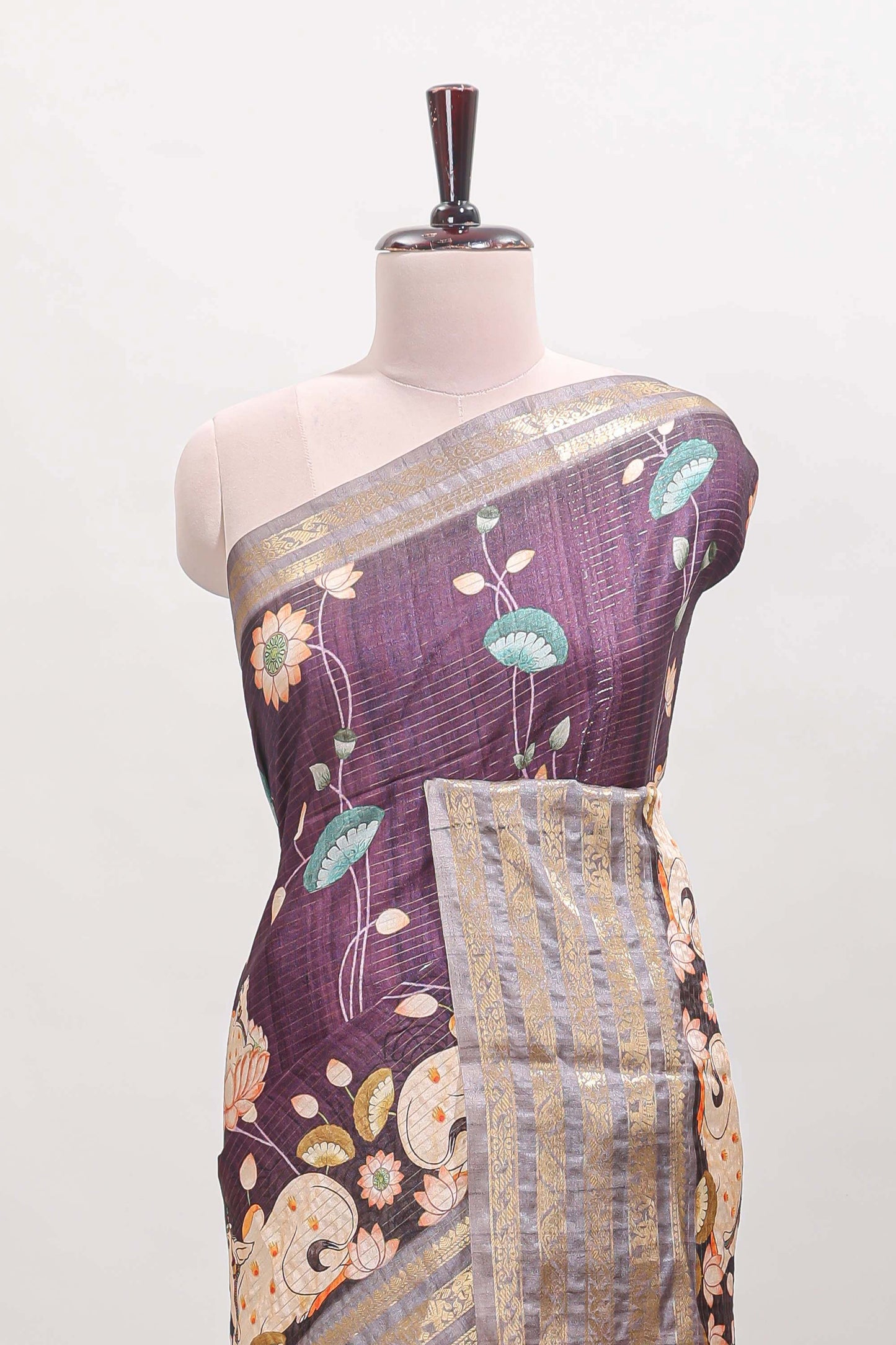 Purple striped pichwai motifs dola silk saree with contrast zari border and blouse