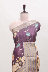Purple striped pichwai motifs dola silk saree with contrast zari border and blouse
