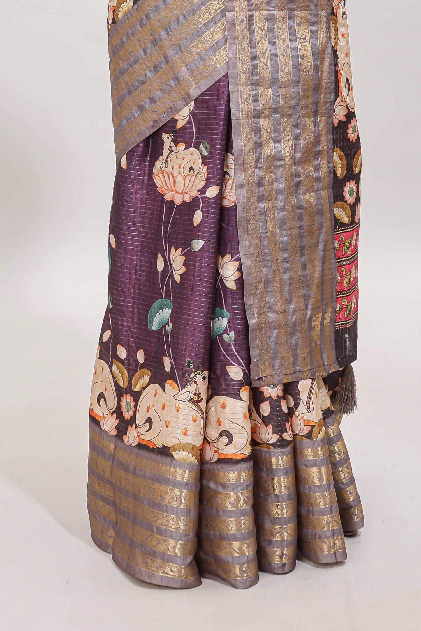 Purple striped pichwai motifs dola silk saree with contrast zari border and blouse