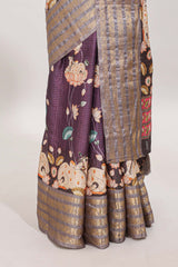 Purple striped pichwai motifs dola silk saree with contrast zari border and blouse