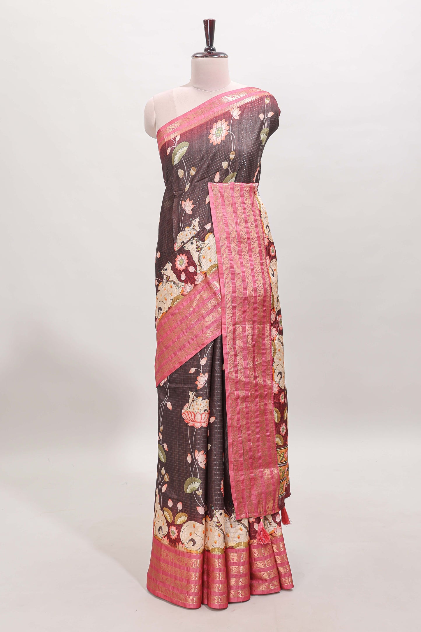 Brown striped pichwai motifs dola silk saree with contrast zari border and blouse
