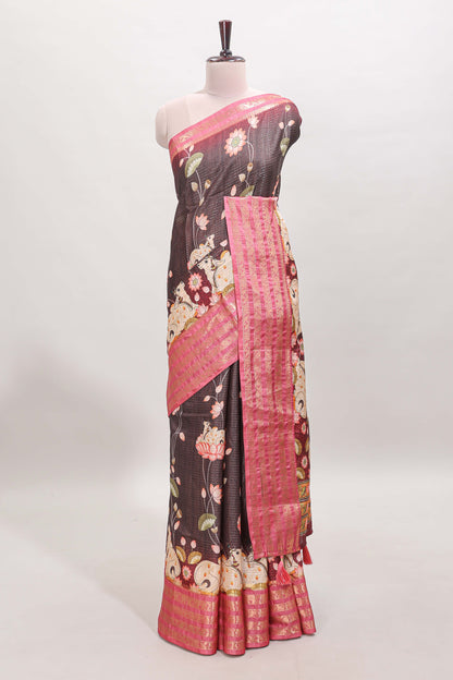 Brown striped pichwai motifs dola silk saree with contrast zari border and blouse