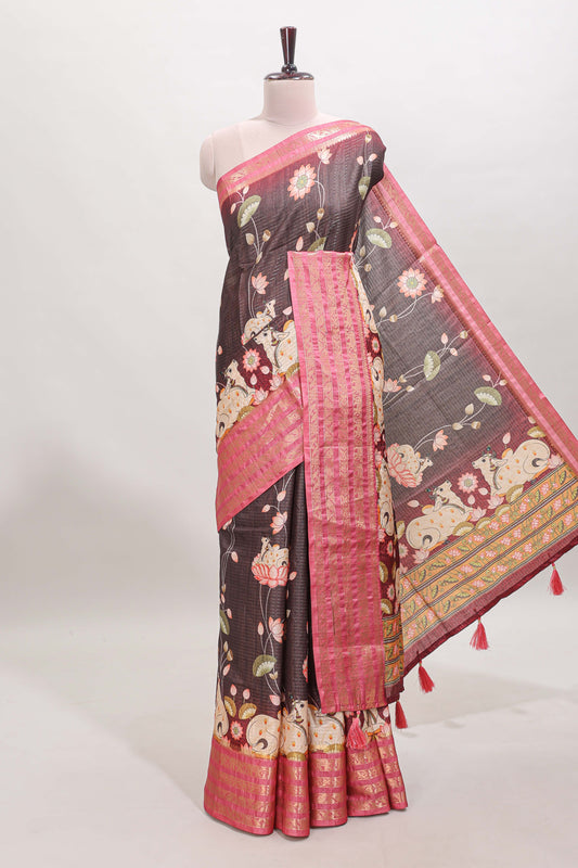 Brown striped pichwai motifs dola silk saree with contrast zari border and blouse