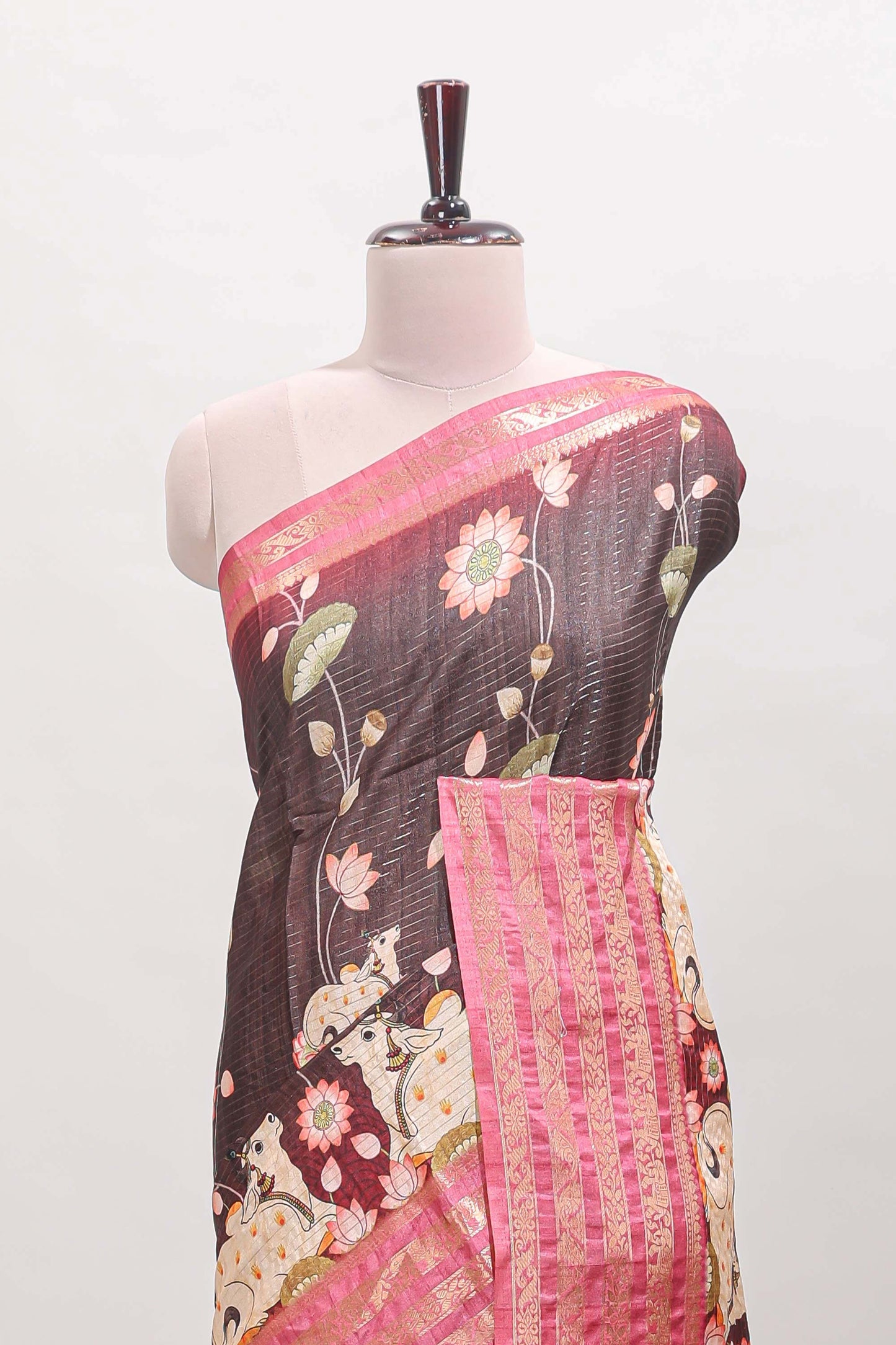 Brown striped pichwai motifs dola silk saree with contrast zari border and blouse