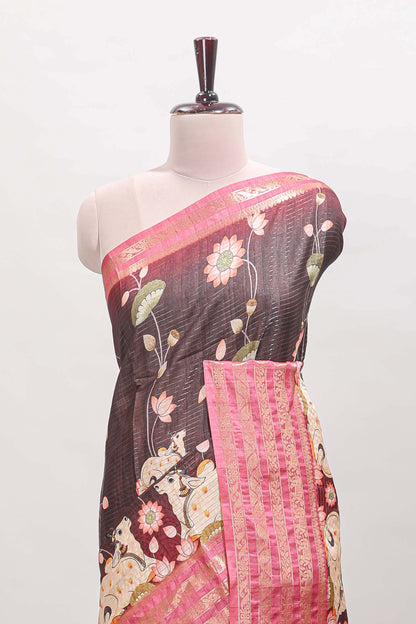 Brown striped pichwai motifs dola silk saree with contrast zari border and blouse