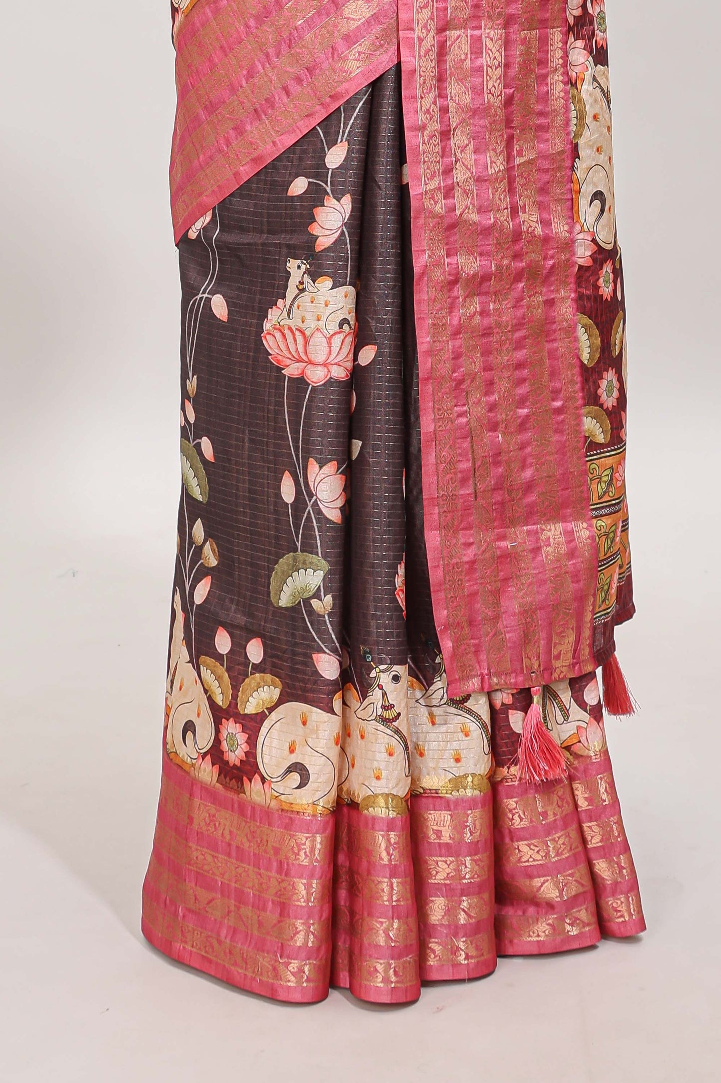 Brown striped pichwai motifs dola silk saree with contrast zari border and blouse