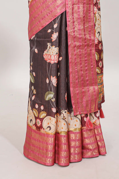Brown striped pichwai motifs dola silk saree with contrast zari border and blouse
