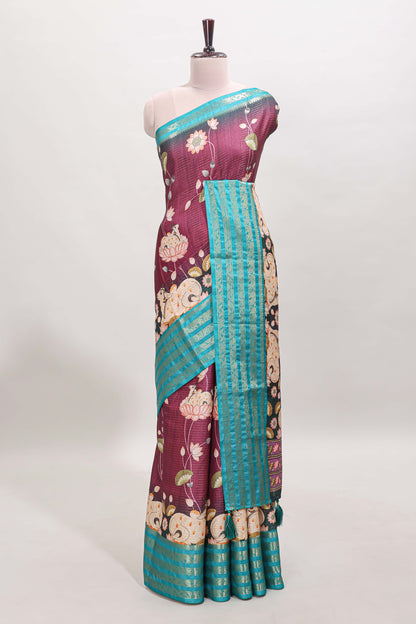 Magenta striped pichwai motifs dola silk saree with contrast zari border and blouse