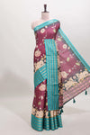 Magenta striped pichwai motifs dola silk saree with contrast zari border and blouse