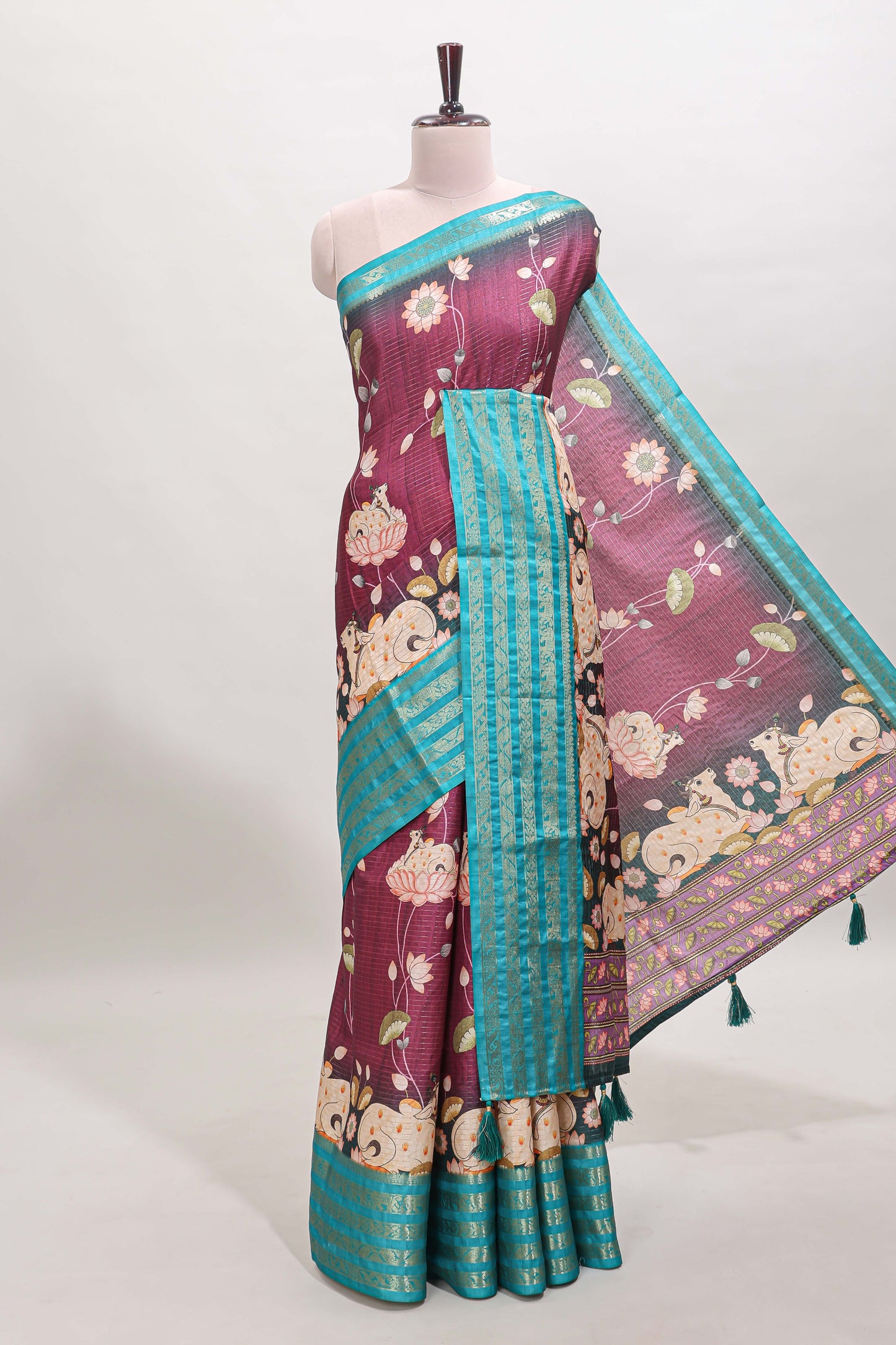 Magenta striped pichwai motifs dola silk saree with contrast zari border and blouse