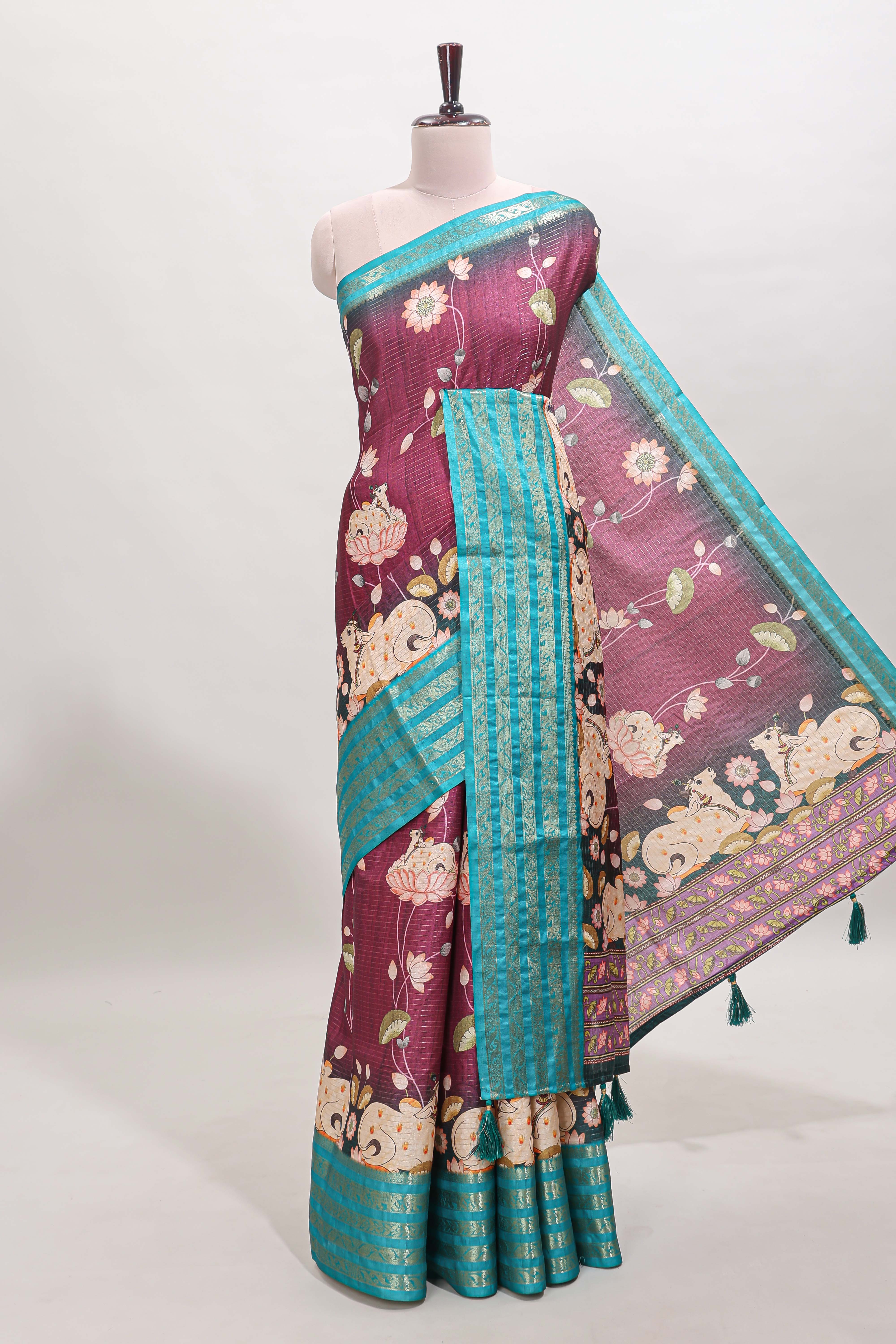 Magenta striped pichwai motifs dola silk saree with contrast zari border and blouse