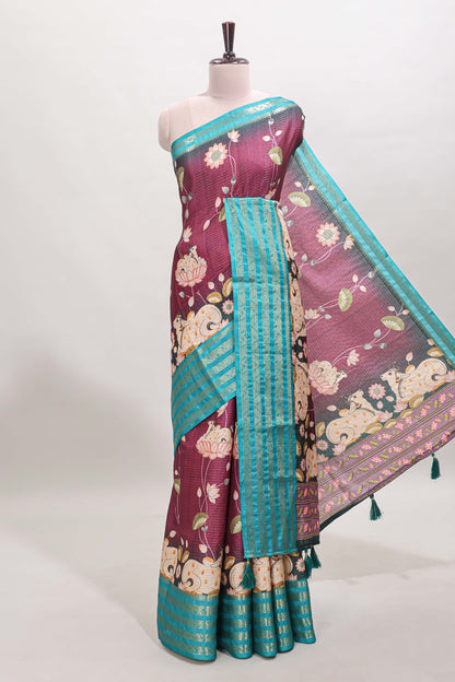 Magenta striped pichwai motifs dola silk saree with contrast zari border and blouse