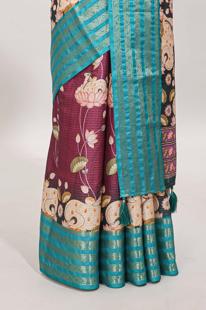 Magenta striped pichwai motifs dola silk saree with contrast zari border and blouse