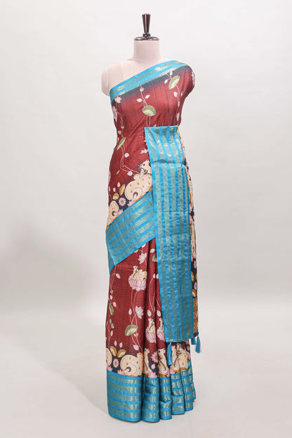 Brick red striped pichwai motifs dola silk saree with contrast zari border and blouse