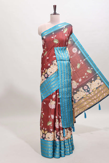 Brick red striped pichwai motifs dola silk saree with contrast zari border and blouse