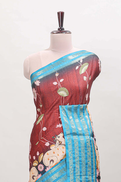 Brick red striped pichwai motifs dola silk saree with contrast zari border and blouse