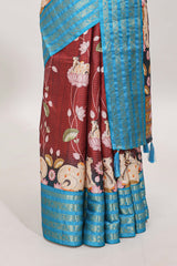 Brick red striped pichwai motifs dola silk saree with contrast zari border and blouse
