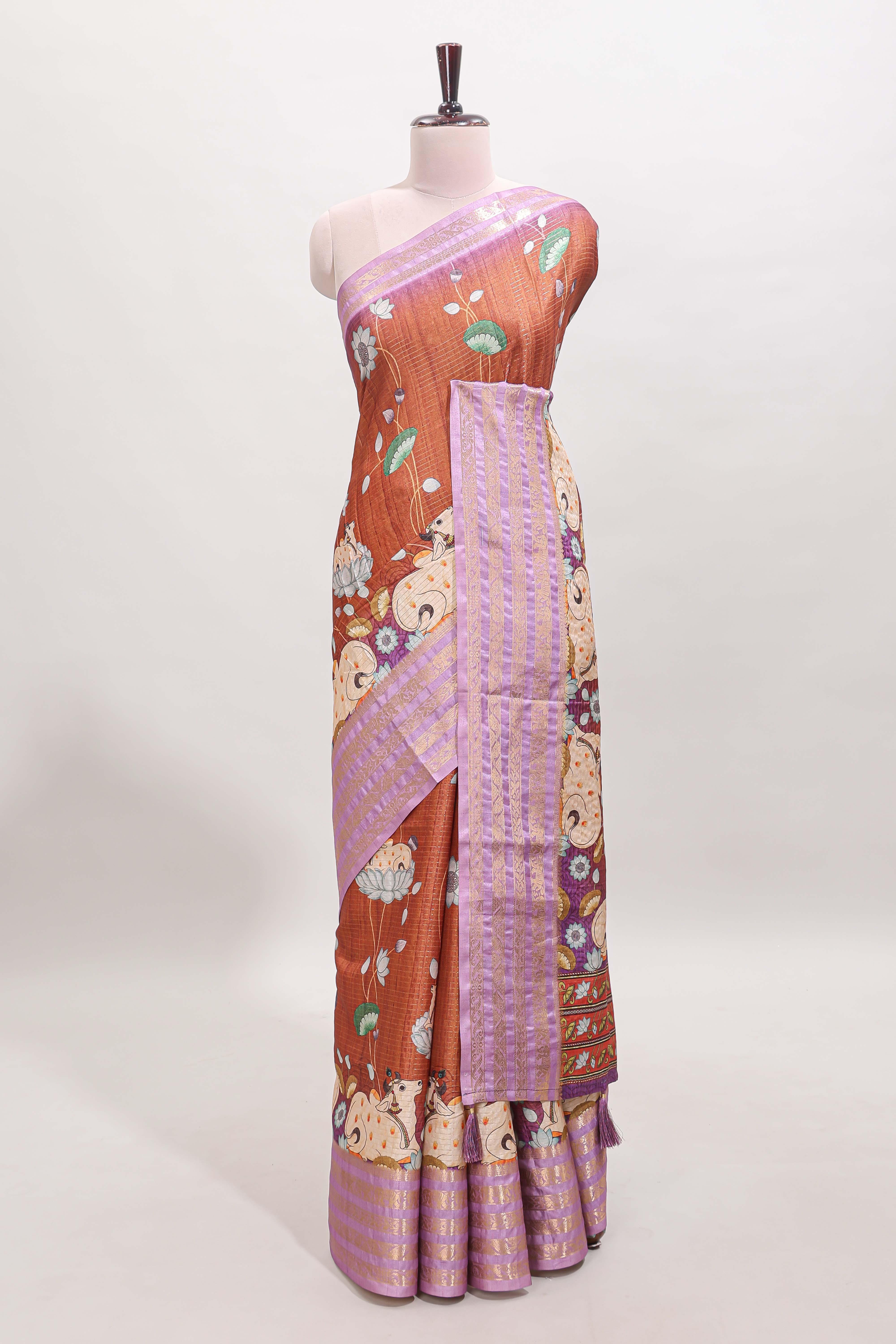 Orange striped pichwai motifs dola silk saree with contrast zari border and blouse