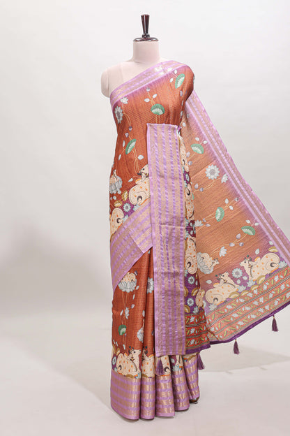 Orange striped pichwai motifs dola silk saree with contrast zari border and blouse