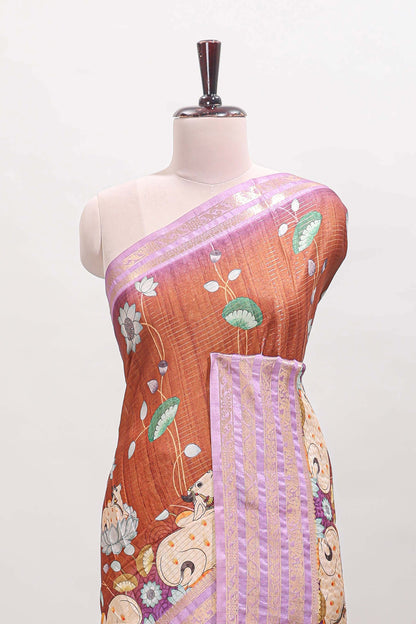 Orange striped pichwai motifs dola silk saree with contrast zari border and blouse